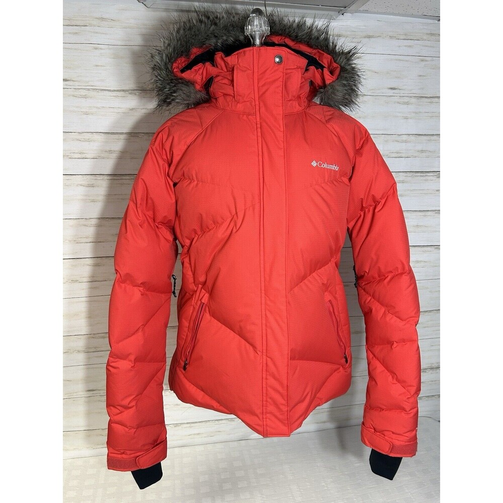 COLUMBIA XL Women DOWN Fur Hooded Winter Ski Jacket Coat Omni-Heat-Shield Puffer